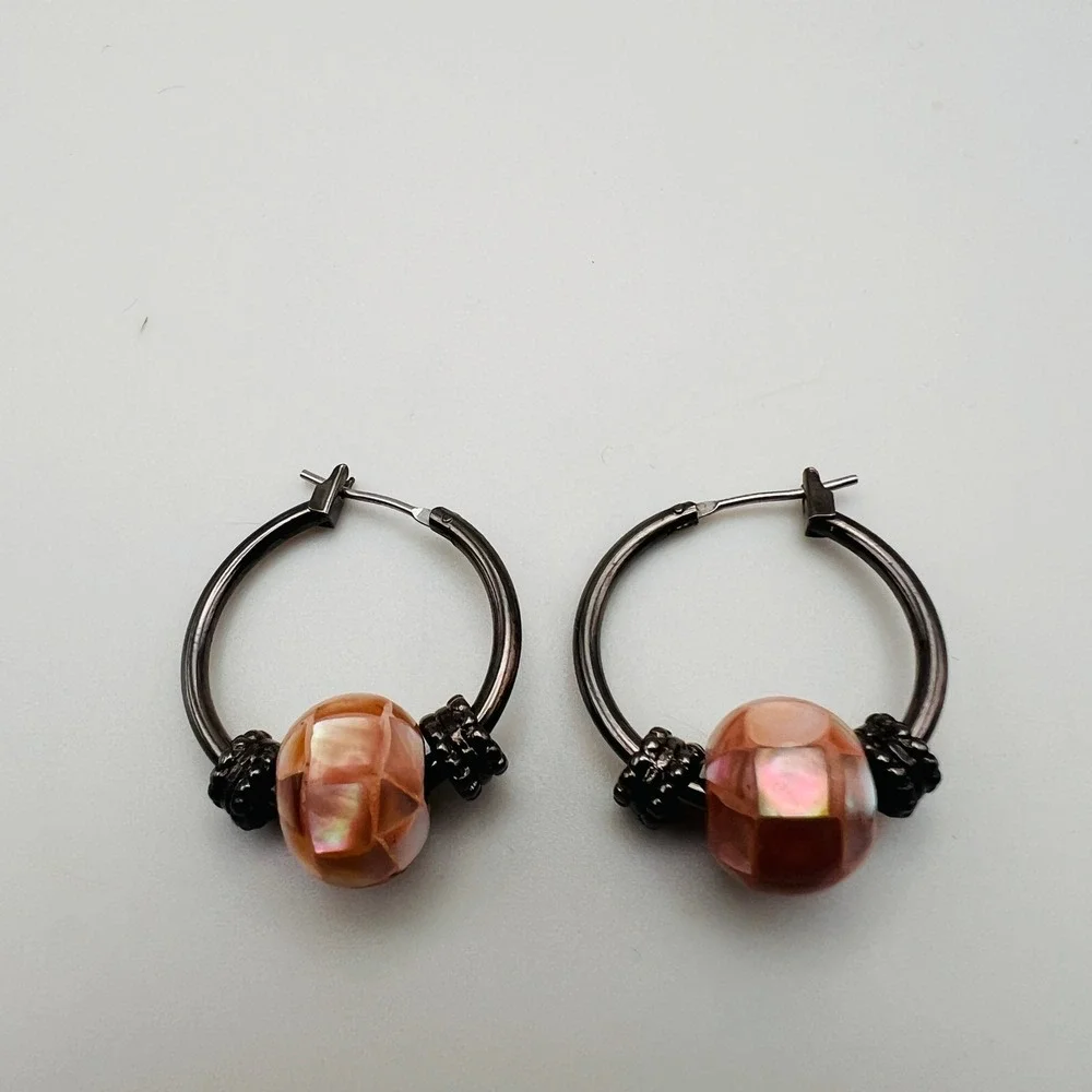 Gunmetal Hoop Earrings with Pink Mosaic Faux Mother of Pearl Shell Beads Boho